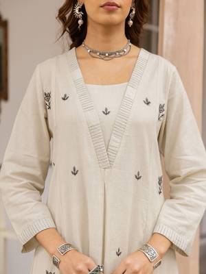 Embroidered Beige Cotton Blend Co Ords for Women 7