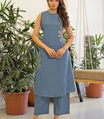 Embroidered Dusty Blue Viscose Rayon Co Ords for Women