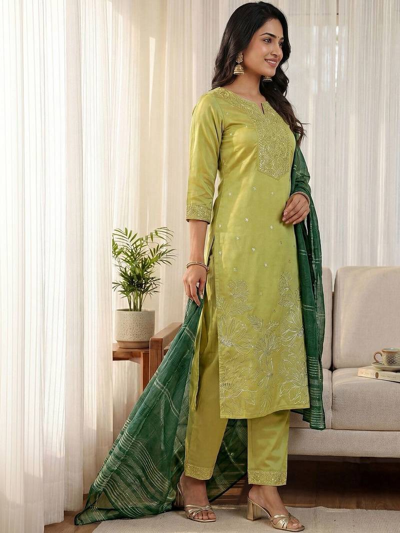 Ethnic Motifs Embroidered Thread Work Kurta with Trousers & With Dupatta