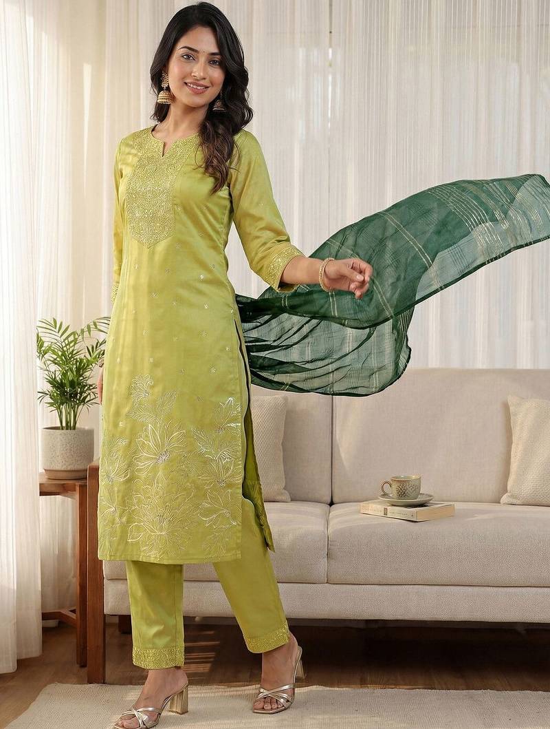 Ethnic Motifs Embroidered Thread Work Kurta with Trousers & With Dupatta