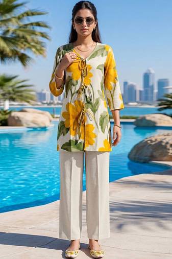 Printed Off White & Yellow Cotton Blend Co Ords for Women