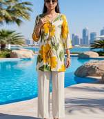 Printed Off White & Yellow Cotton Blend Co Ords for Women