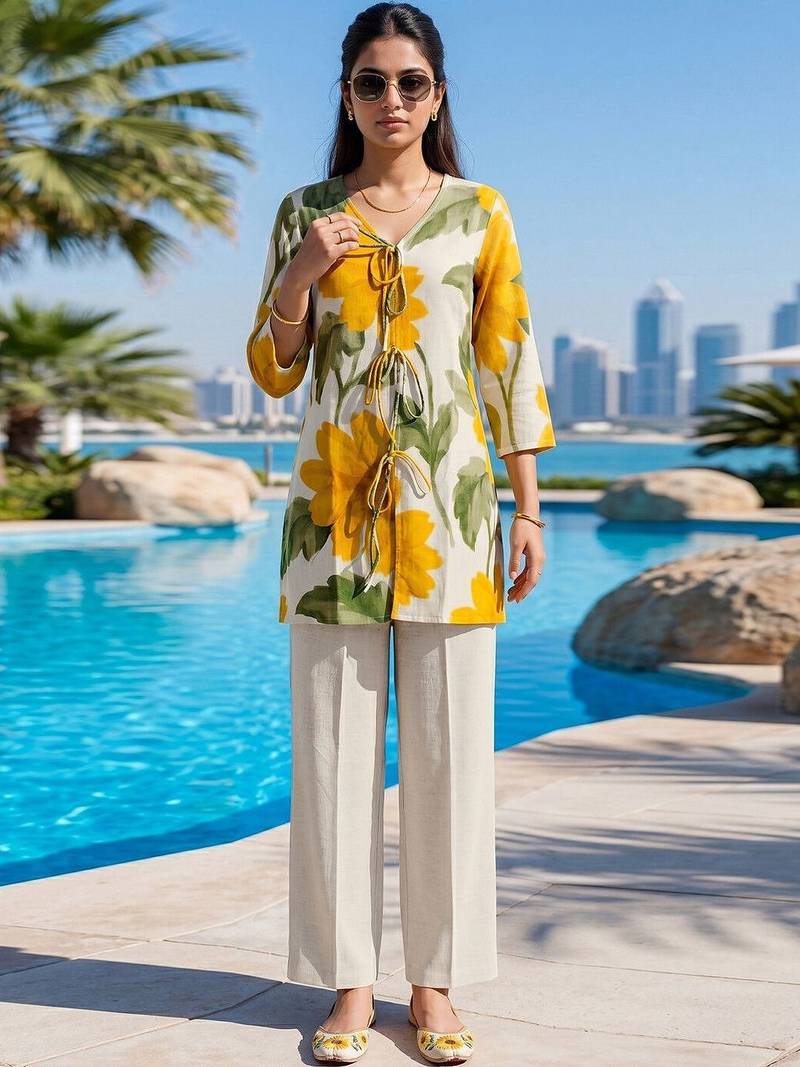 Printed Off White & Yellow Cotton Blend Co Ords for Women
