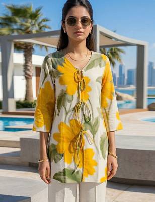 Printed Off White & Yellow Cotton Blend Co Ords for Women 2