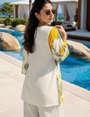 Printed Off White & Yellow Cotton Blend Co Ords for Women 3
