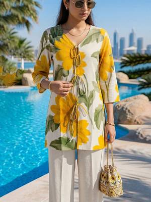Printed Off White & Yellow Cotton Blend Co Ords for Women 4