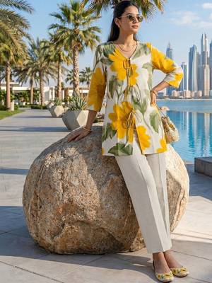 Printed Off White & Yellow Cotton Blend Co Ords for Women 5