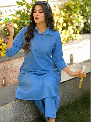 Embroidered Dark Sky Blue Viscose Rayon Co Ords for Women 2