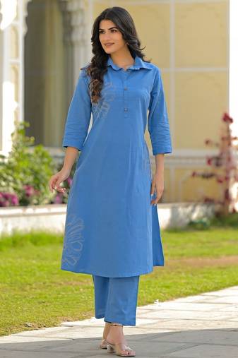 Embroidered Dark Sky Blue Viscose Rayon Co Ords for Women