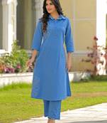 Embroidered Dark Sky Blue Viscose Rayon Co Ords for Women