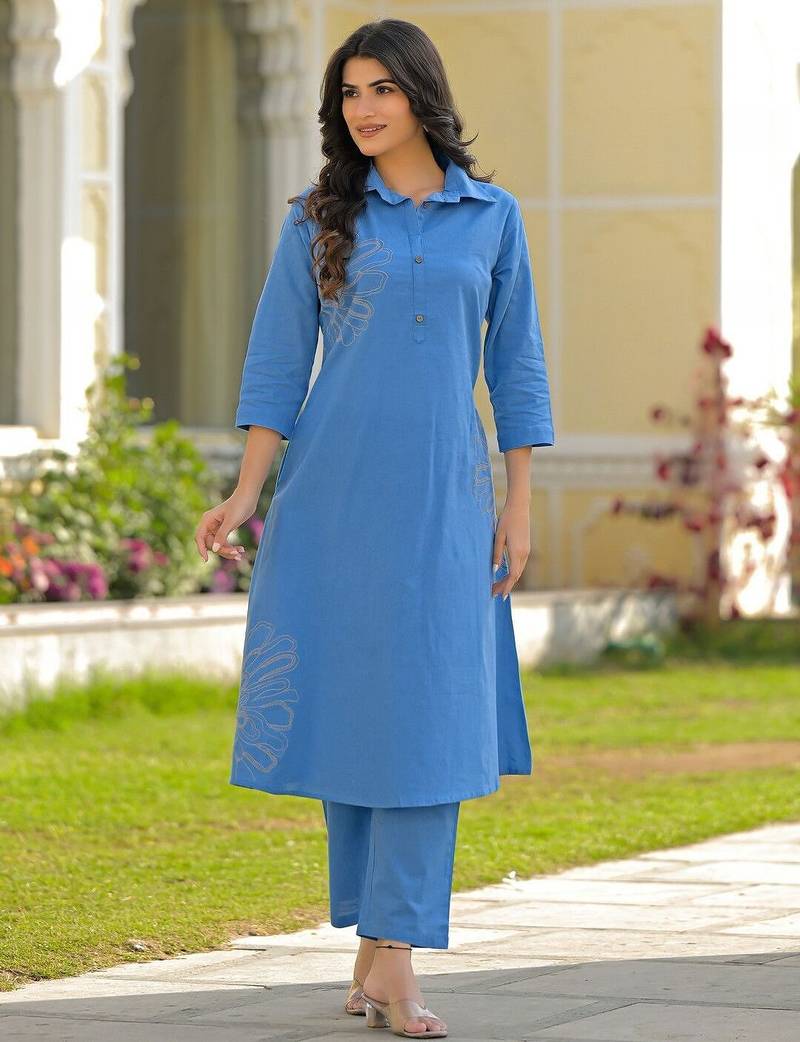 Embroidered Dark Sky Blue Viscose Rayon Co Ords for Women