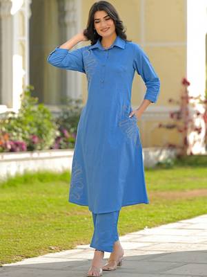 Embroidered Dark Sky Blue Viscose Rayon Co Ords for Women 7