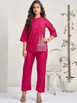 Embroidered Rani Pink Roman Silk Co Ords for Women 1