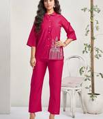 Embroidered Rani Pink Roman Silk Co Ords for Women