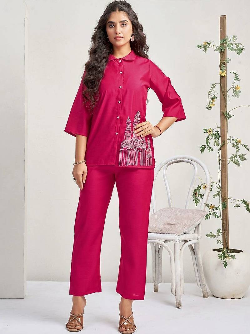 Embroidered Rani Pink Roman Silk Co Ords for Women