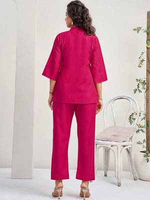 Embroidered Rani Pink Roman Silk Co Ords for Women 2