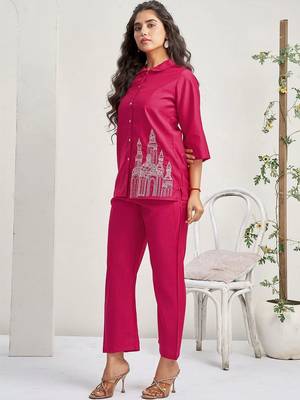 Embroidered Rani Pink Roman Silk Co Ords for Women 3
