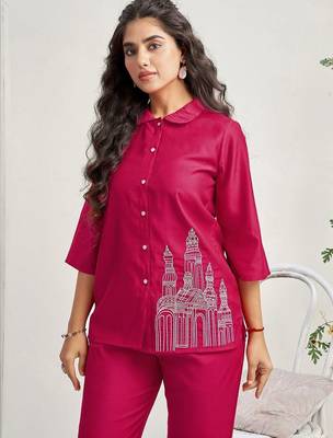 Embroidered Rani Pink Roman Silk Co Ords for Women 4