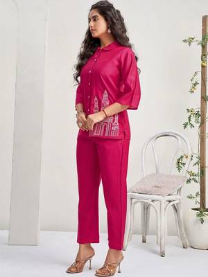 Embroidered Rani Pink Roman Silk Co Ords for Women 5