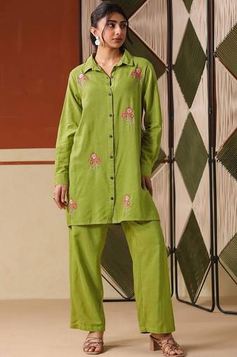 Embroidered Lime Green Viscose Rayon Co Ords for Women
