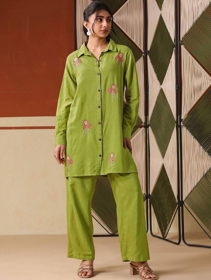 Embroidered Lime Green Viscose Rayon Co Ords for Women