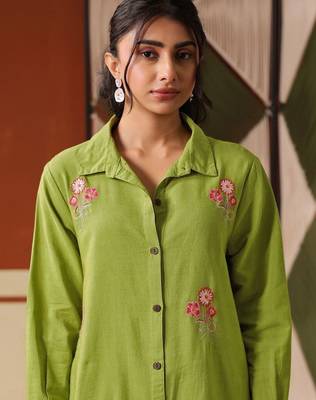 Embroidered Lime Green Viscose Rayon Co Ords for Women 2