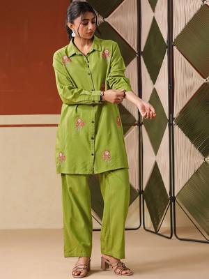 Embroidered Lime Green Viscose Rayon Co Ords for Women 5