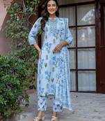 Women Blue Floral Printed Regular Kurta with Trousers & With Dupatta