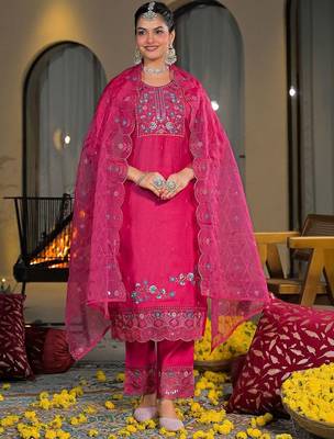 Women Ethnic Motifs Embroidered Regular Thread Work Silk Chiffon Kurta with Trousers & With Dupatta 1