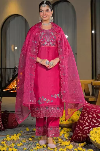 Women Ethnic Motifs Embroidered Regular Thread Work Silk Chiffon Kurta with Trousers & With Dupatta