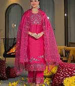 Women Ethnic Motifs Embroidered Regular Thread Work Silk Chiffon Kurta with Trousers & With Dupatta