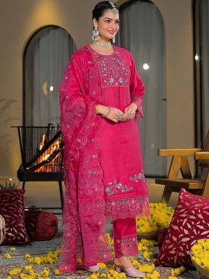 Women Ethnic Motifs Embroidered Regular Thread Work Silk Chiffon Kurta with Trousers & With Dupatta 4