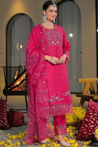 Women Ethnic Motifs Embroidered Regular Thread Work Silk Chiffon Kurta with Trousers & With Dupatta