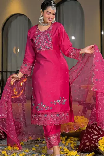 Women Ethnic Motifs Embroidered Regular Thread Work Silk Chiffon Kurta with Trousers & With Dupatta