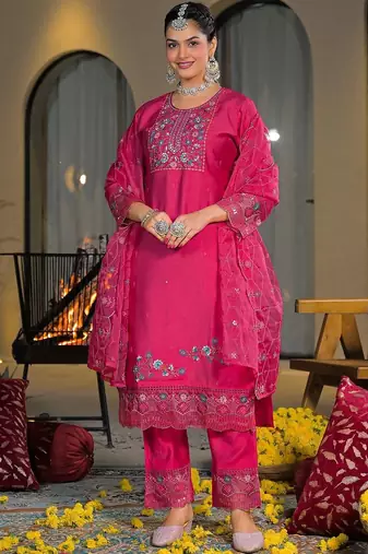 Women Ethnic Motifs Embroidered Regular Thread Work Silk Chiffon Kurta with Trousers & With Dupatta