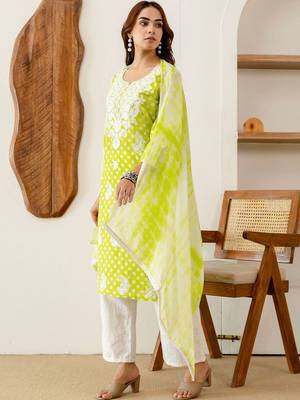 Women Embroidered Regular Chikankari Kurta with Palazzos & With Dupatta 1