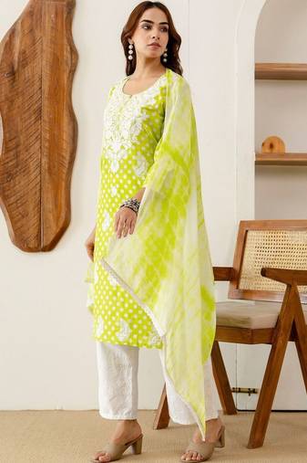 Women Embroidered Regular Chikankari Kurta with Palazzos & With Dupatta