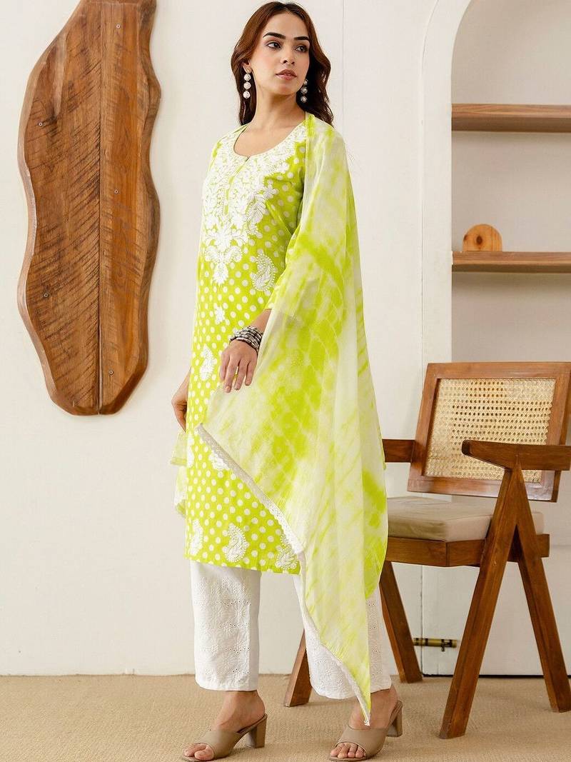 Women Embroidered Regular Chikankari Kurta with Palazzos & With Dupatta