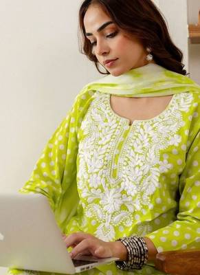 Women Embroidered Regular Chikankari Kurta with Palazzos & With Dupatta 7