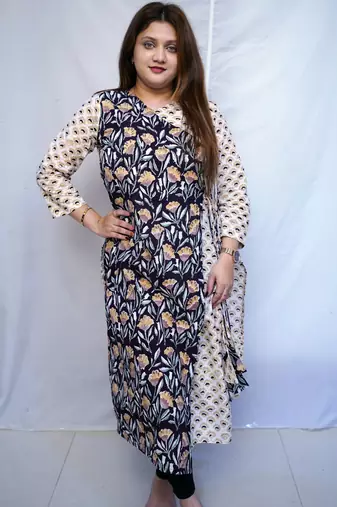 White Bagru Handblock Printed Cotton Angrakha Kurti