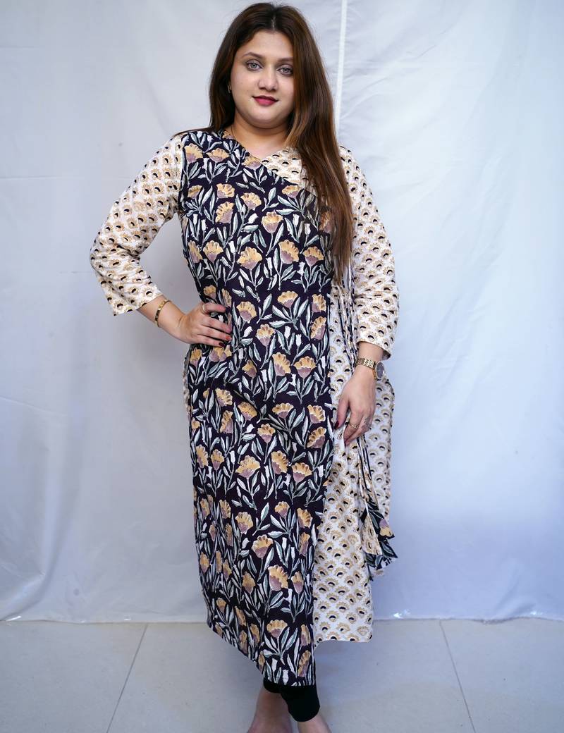 White Bagru Handblock Printed Cotton Angrakha Kurti