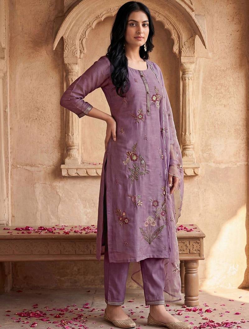 Women Floral Embroidered Regular Thread Work Kurta with Trousers & With Dupatta