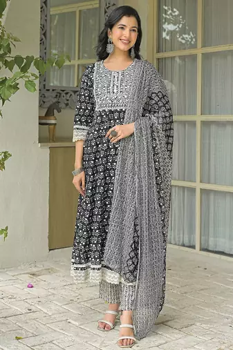women ethnic motifs embroidered anarkali kurta with trousers & dupatta