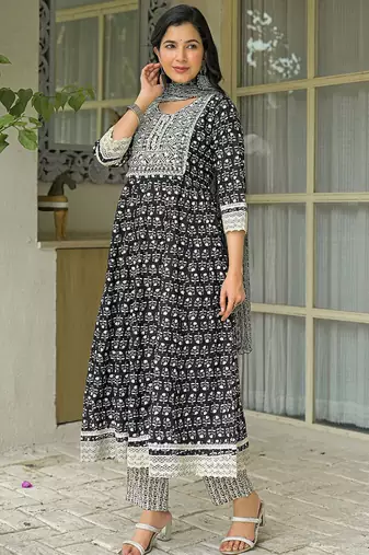 women ethnic motifs embroidered anarkali kurta with trousers & dupatta