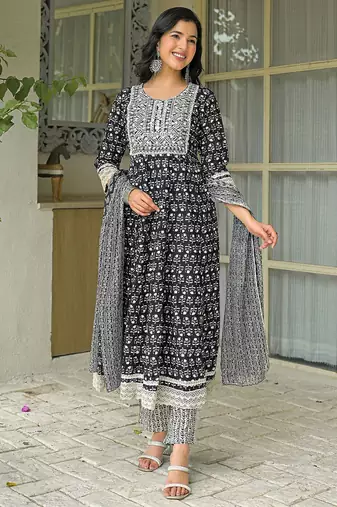 women ethnic motifs embroidered anarkali kurta with trousers & dupatta