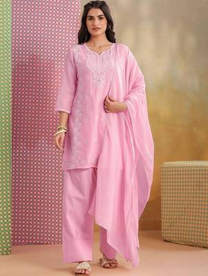 Women Ethnic Motifs Embroidered Regular Thread Work Pure Cotton Kurta with Palazzos & With Dupatta 1
