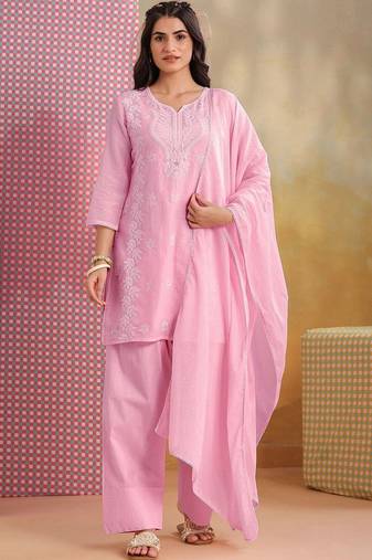 Women Ethnic Motifs Embroidered Regular Thread Work Pure Cotton Kurta with Palazzos & With Dupatta