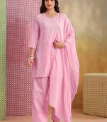 Women Ethnic Motifs Embroidered Regular Thread Work Pure Cotton Kurta with Palazzos & With Dupatta