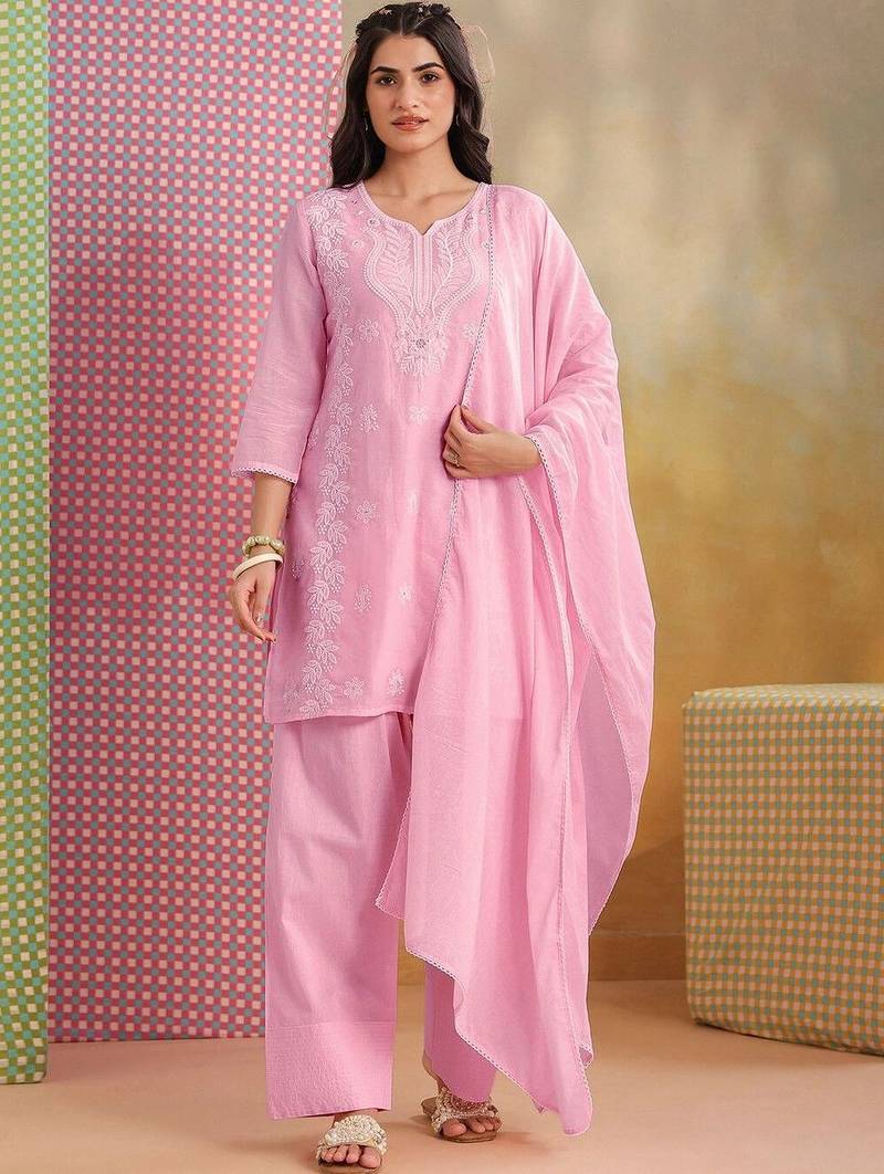 Women Ethnic Motifs Embroidered Regular Thread Work Pure Cotton Kurta with Palazzos & With Dupatta