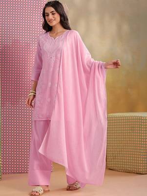 Women Ethnic Motifs Embroidered Regular Thread Work Pure Cotton Kurta with Palazzos & With Dupatta 3